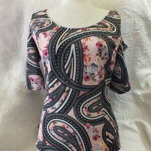 Bisou Bisou Top in Pink and Black Floral Pink and Black Top with Open Shoulder